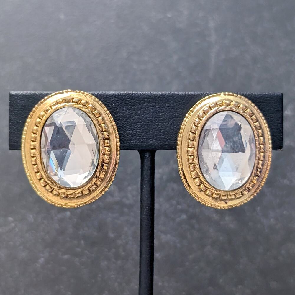 Vintage Dauplaise Clip On Earrings Large Gold Tone with Clear Gem Oval Statement